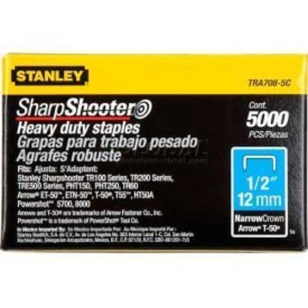 Stanley Heavy Duty Staples, T25, 24 ga, Narrow Crown, 1/2 in Leg L, Steel TRA708-5C